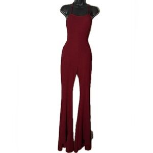 Burgundy Open-Back Lace-Up Jumpsuit | Good Time USA | Flared Leg